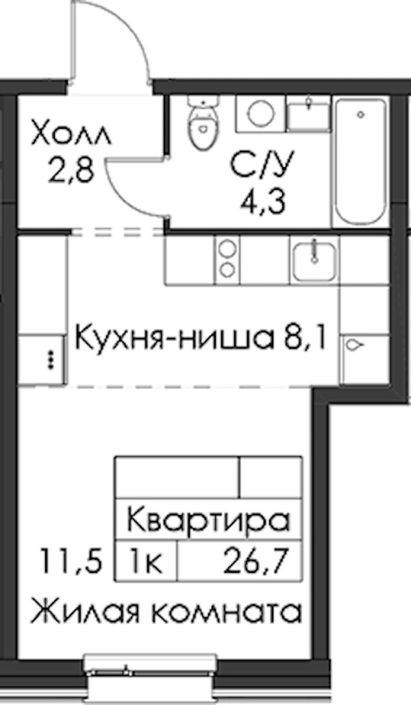 Квартира студия 26.7 м², 4/12 эт., ЖК «Шкиперский 19»